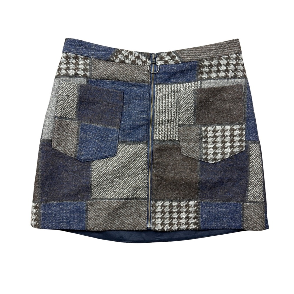 Patchwork Wool Blend Mini Skirt Blue Brown Houndstooth Women Small Front Zipper